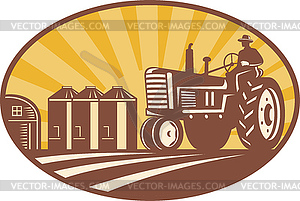 Farmer Driving Vintage Tractor Retro Woodcut - vector clipart