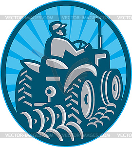 Farmer Plowing With Tractor Retro - vector EPS clipart