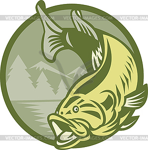 Largemouth Bass Fish Jumping Retro - vector image