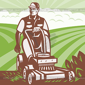 Gardener Landscaper Riding Lawn Mower Retro - vector clipart