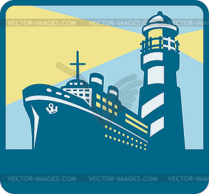 Passenger Ship Cargo Boat Lighthouse Retro - vector image