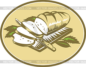 Bread Loaf With Knife and Board Woodcut - vector EPS clipart