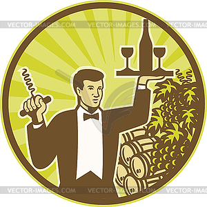 Waiter Serving Wine Grapes Barrel Retro - royalty-free vector clipart