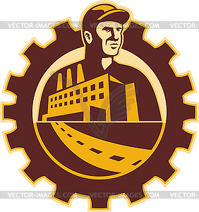 Factory Worker Mechanic With Cog Building - vector clip art