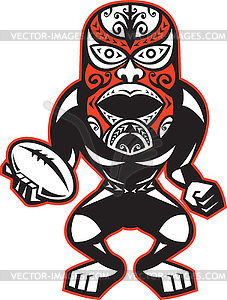 Maori Mask Rugby Player standing With Ball - vector clipart