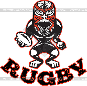 Maori Mask Rugby Player standing With Ball - vector image