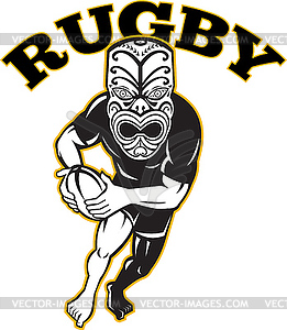 Maori Mask Rugby Player Running With Ball - vector clipart