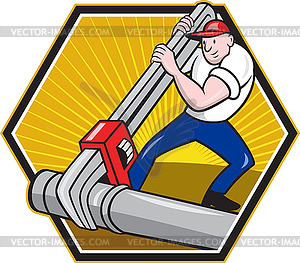 Plumber Worker With Adjustable Wrench Cartoon - vector clipart
