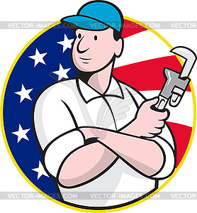 American Plumber Worker With Adjustable Wrench - vector image