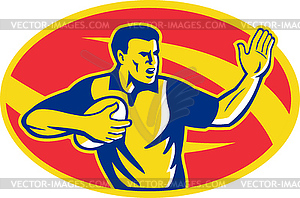 Rugby Player Running Fending Ball Retro - vector EPS clipart