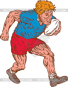 Rugby Player Running With Ball Woodcut - vector image