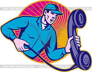 Telephone Repairman Worker Holding Retro Phone - royalty-free vector image