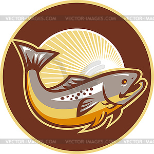 Trout Fish Jumping Sunburst Circle - stock vector clipart