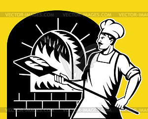 Baker holding baking pan into wood oven - vector clip art