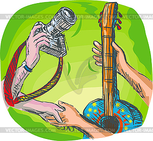 Barter swapping hands with camera and guitar - vector clipart