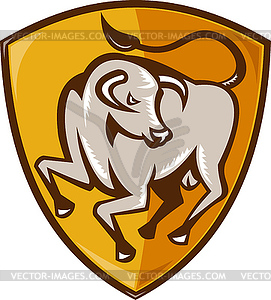 Angry bull attacking shield woodcut - vector clip art