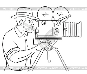 Cameraman vintage movie film camera shooting - vector clipart