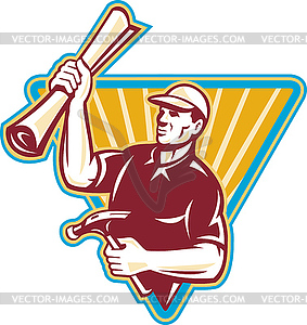 Carpenter Holding Building Plan and Hammer Retro - vector image