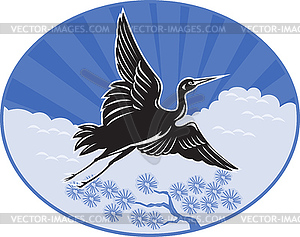 Crane flying pine tree clouds and sunburst - royalty-free vector clipart