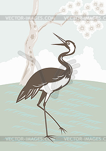 Crane looking up tree in background - vector clipart