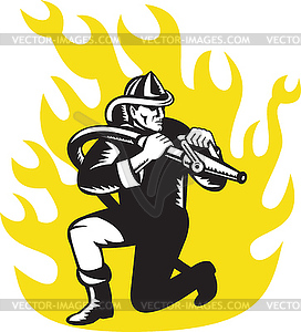 Fireman firefighter kneel aim fire hose - vector image