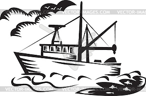 Commercial fishing boat ship sea woodcut - vector image