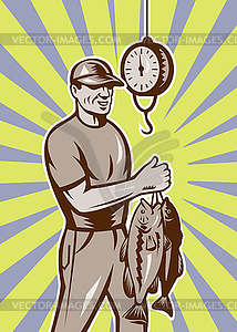 Fisherman weighing in fish catch - vector clipart