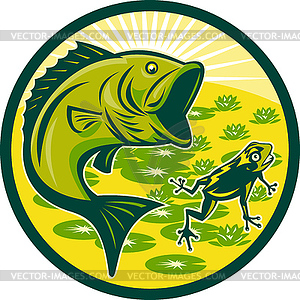 Largemouth bass jumping with frog - vector clipart