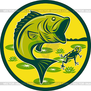 Largemouth bass jumping with frog - vector clip art