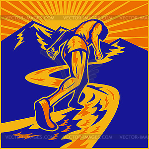 Marathon runner running on road with mountains - vector image