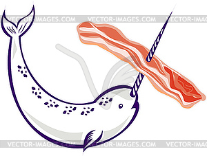 Narwhal whale stringing bacon - vector clip art