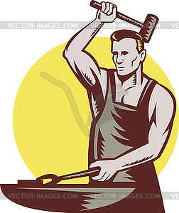 Blacksmith worker with hammer and anvil - vector image