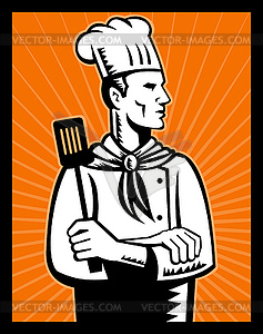 Retro chef cook holding spatula looking up - royalty-free vector clipart