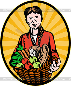 Female organic farmer crop harvest basket - vector clip art