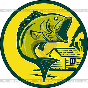 Largemouth bass fish jumping log cabin dark green - vector image