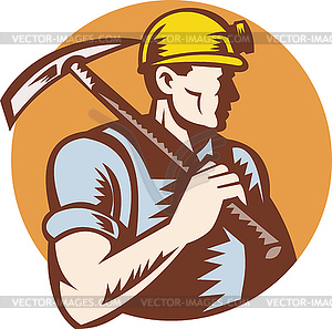 Coal miner at work with pick ax - vector image