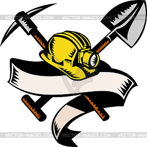 Coal miner hat shovel spade pickax mining - stock vector clipart