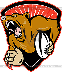 Grizzly bear rugby player fending with ball shield - vector image