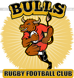 Bull playing rugby running with ball - stock vector clipart