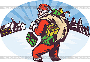 Мешок Деда Мороза представляет зимой снега дома - графика в векторе