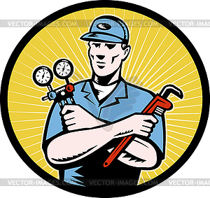 Repairman serviceman holding ac manifold gauge - vector clipart