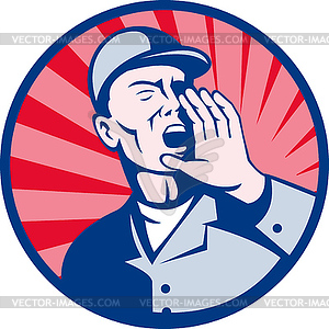 Worker shouting hands on mouth - vector clip art