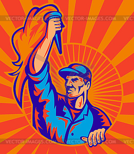 Worker carrying flaming torch sunburst retro - vector image