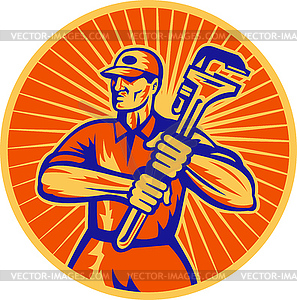 Plumber holding monkey wrench set inside - vector clipart