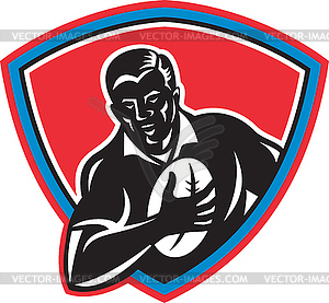 Rugby player running with ball front shield - vector image