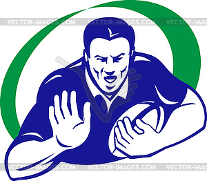 Rugby player with ball fending off - vector clipart