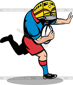 Rugby player train mascot running fending ball - vector clipart
