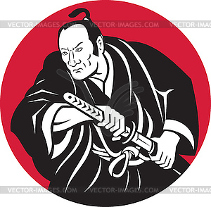 Japanese Samurai warrior drawing sword - vector clip art