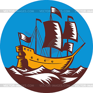 Galleon tall ship sailing retro woodcut - vector clip art