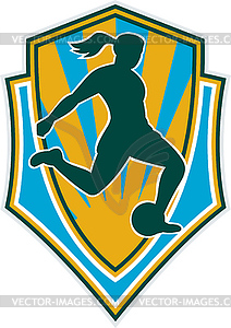 Soccer player woman kicking ball shield - vector clipart